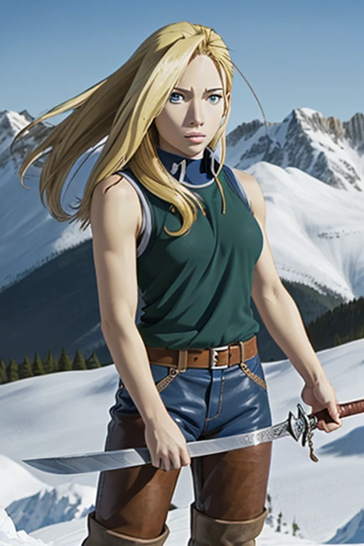 anime character, woman, olivier mira armstrong, fullmetal alchemist, big blonde hair, blue eyes, thick lips, short green tank top , going,  snowy scenery with mountains,  brown leather pants , mountaineer boots , serious face,  sword sabre in hand, 