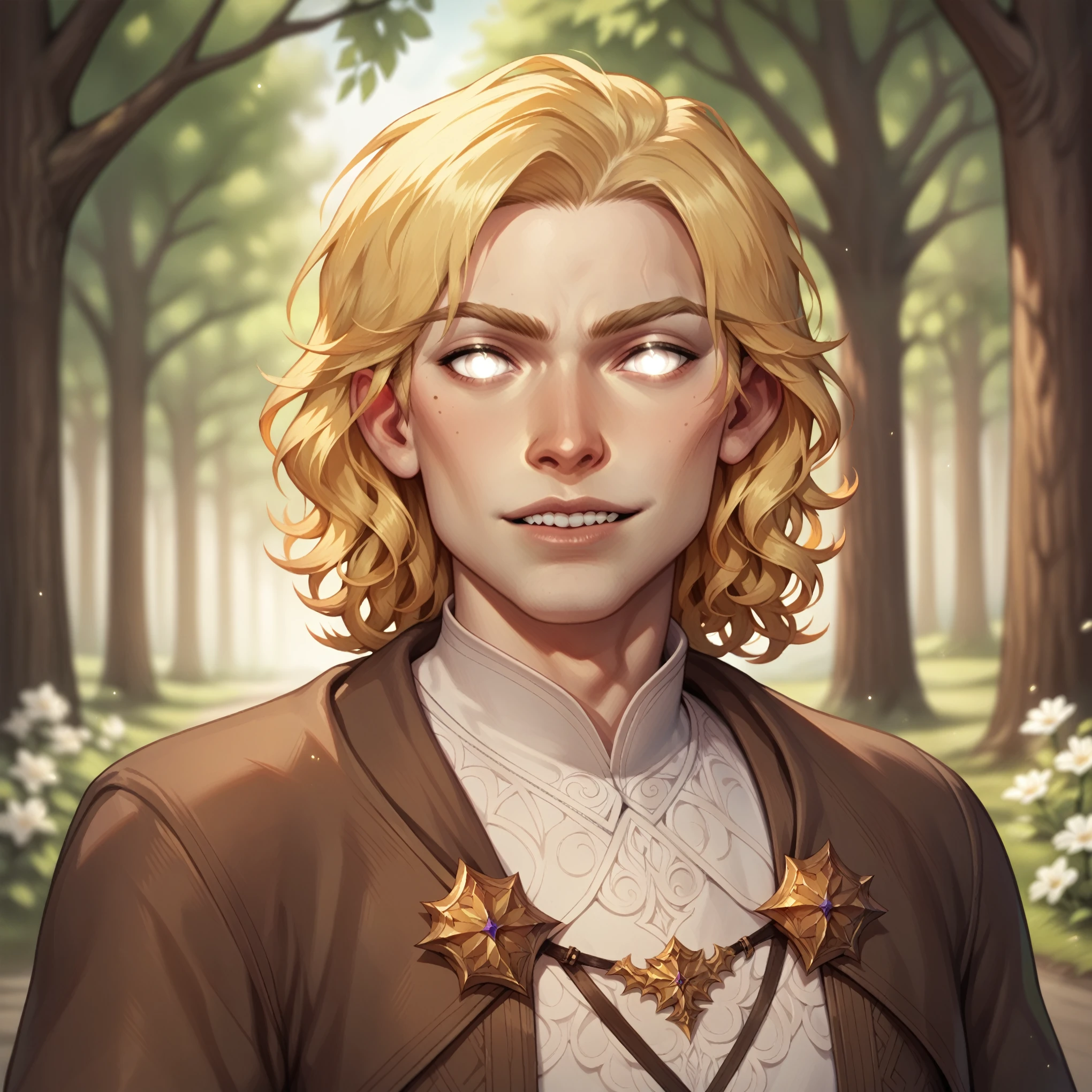 (((beautiful, high quality, comics style, detailed face))), score_9, score_8_up, score_7_up, BREAK, aasimar_protector, 1man, twink, curly hair:1.1, blonde hair, ((pale skin, shine)), glowing eyes, white eyes, fur mantel, brown fur cape, tunic ((light blue, fancy fabric)), solo, portrait, upper body, portrait, angelical look, bearing teeth, facing viewer, fantasy outside, medieval road, blurred background, Expressiveh, detailxl