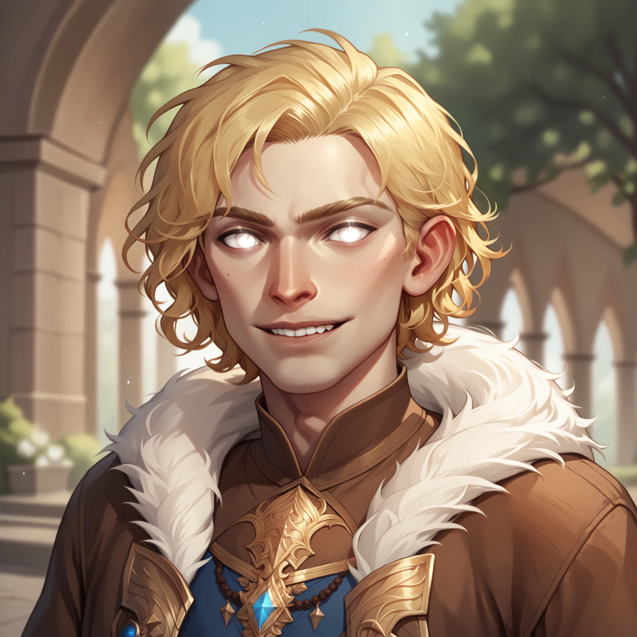 (((beautiful, high quality, comics style, detailed face))), score_9, score_8_up, score_7_up, BREAK, aasimar_protector, 1man, twink, curly hair:1.1, blonde hair, ((pale skin, shine)), glowing eyes, white eyes, fur mantel, brown fur cape, tunic ((light blue, fancy fabric)), solo, portrait, upper body, portrait, angelical look, bearing teeth, facing viewer, fantasy outside, medieval road, blurred background, Expressiveh, detailxl