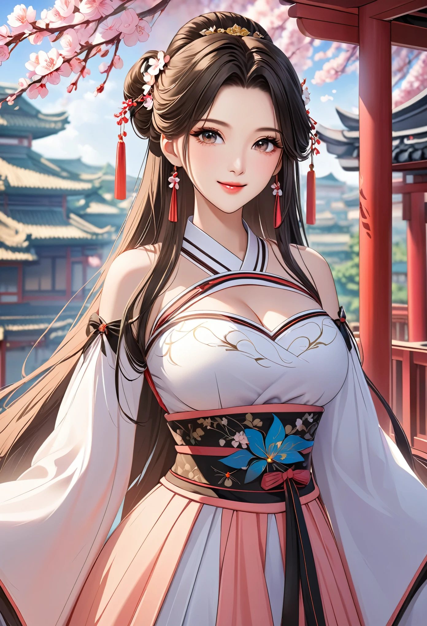 (  high definition、masterpiece、Best Quality、 high definition、8k、 Super detailed)、  YOUNG AND BEAUTIFUL WOMAN、 beautiful face、 beautiful face、Pretty lips、Ample breasts、brown and black round hairstyle、Smiling Eyes、Hanfu、 cowboy shot、background、  FANTASY WORLD  、Immortal Realm、palace、Peach Tree、 CG in detail、