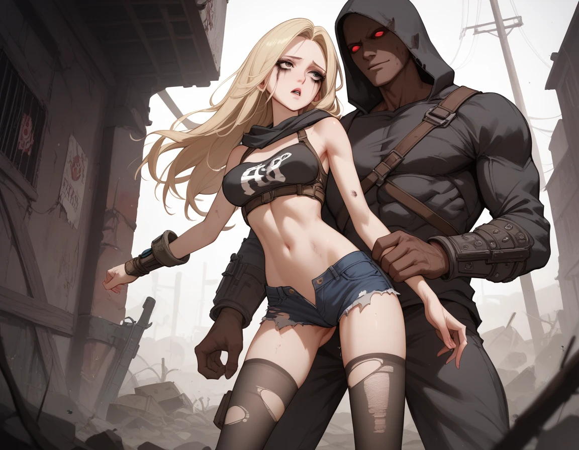 sex, Mutant dog will smash a girl  ,  thin waist, bare shoulders, hood, navel,  blond hair with dark tips, skinny girl, torn stockings,  medium breasts , hourglass, height 175 cm, thin legs,  short shorts , bare shoulders, wasteland,  post-apocalyptic world , ,  torn clothes , prostitute,  compose, mascara,  Long hair 