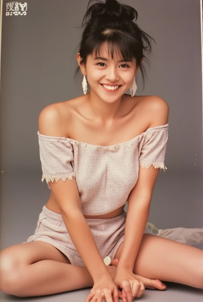 Full body shot from the front、Wearing off-the-shoulder mini one-piece pajamas, I'm sitting while looking at me while taking a pose with my knees bent and legs spread, Slender bare legs 、smile、The background is a monotone 

