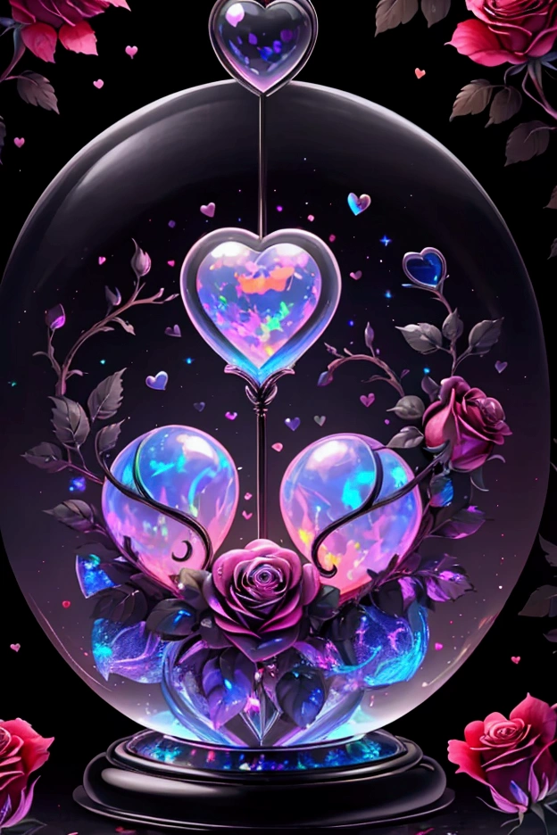 a beautiful iridescent heart with a rose inside of it, inside a hourglass .black background. vibrant, fire opal iridescent 