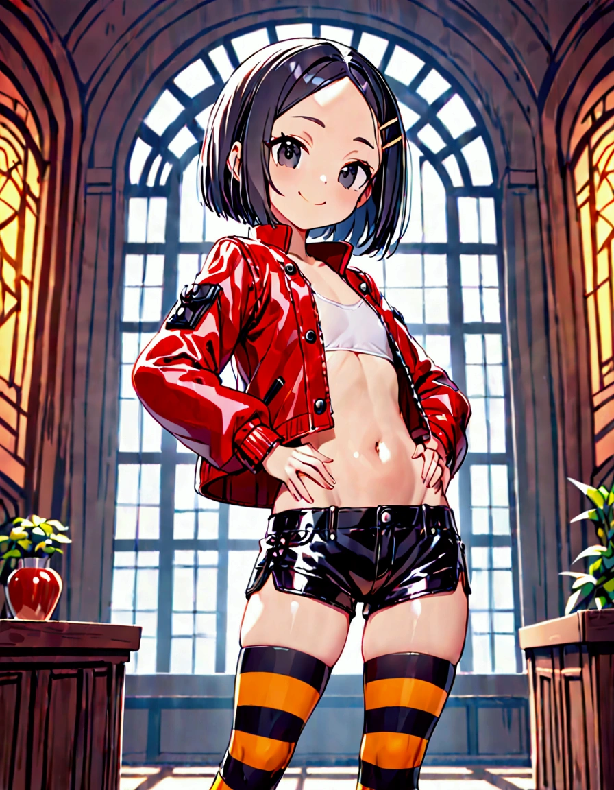 (masterpiece)(best quality)(ultra detailed)(high resolution),petite girl, solo, black hair short hair, bob cut, (forehead:1.2)(hairpin in center parted bangs:1.2), black eyes, slender body, medium hip, smile, shiny black leather shorts, oversized spiker jacket, baretop, striped stockings, upper body above knees, pose of looking front, indoors,