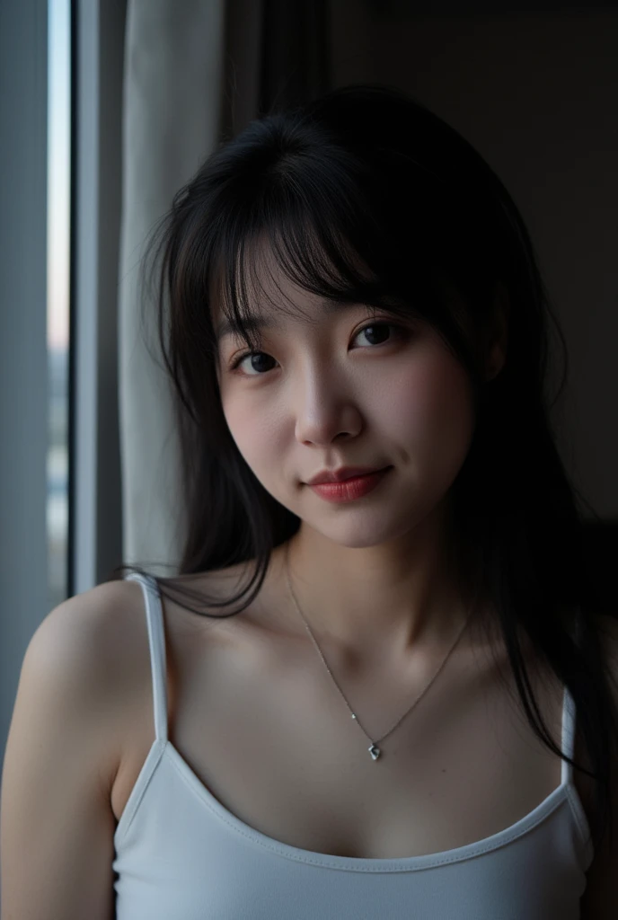 closeup of a Korean, 20 years old woman, parted lips, wearing a white camisole, is standing in front of a window, She has long hair, black hair, blunt bangs, loose hair, she is in totally dark room, shy smile