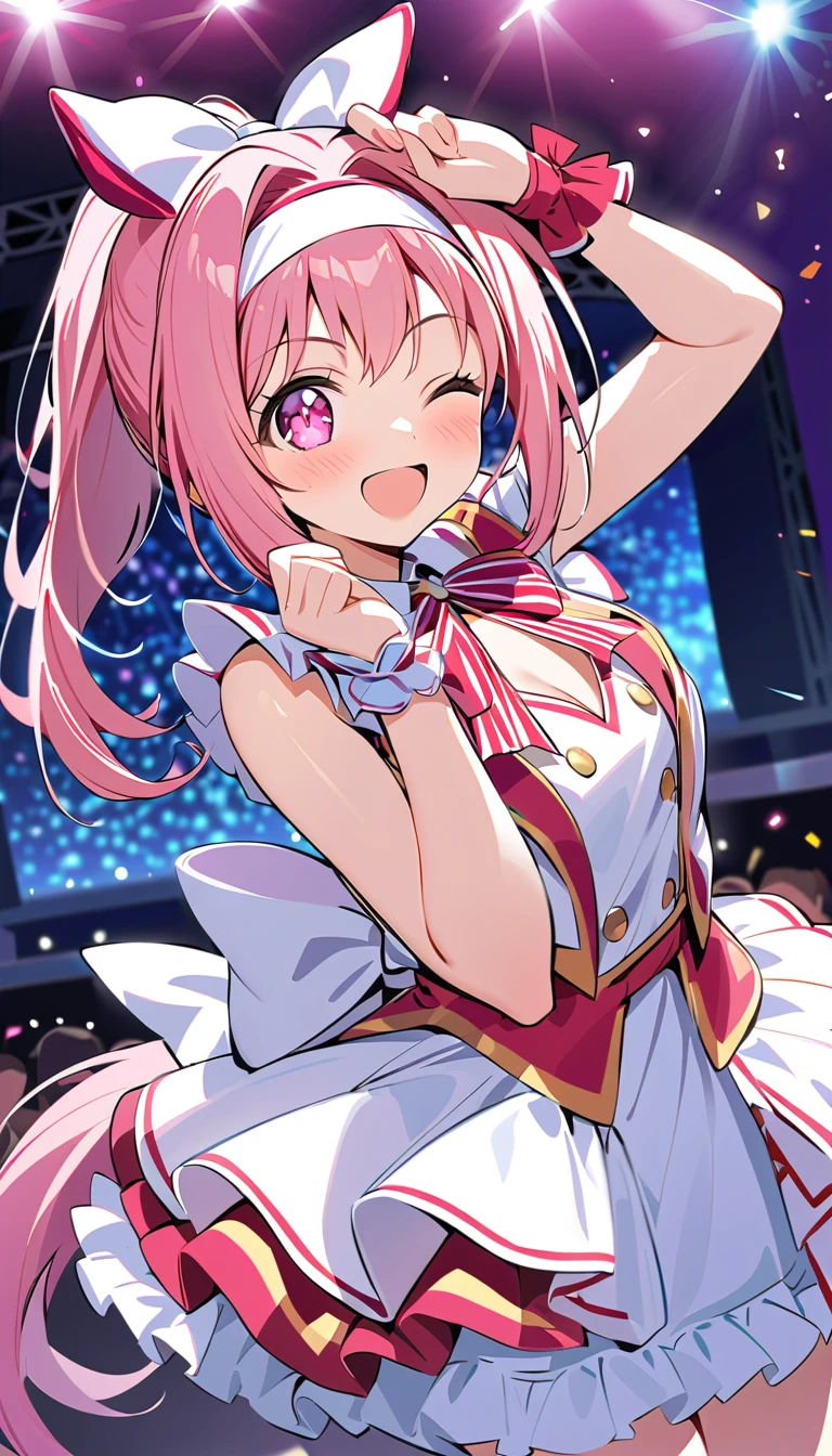 best quality, masterpiece,1girl, haru urara, ponytail, hair bow, white bow, headband, animal ears, ear covers, symbol in eye, flower in eye, horse tail,idol costume, smile, wink, one eye closed, live stage, conffeti, audience,