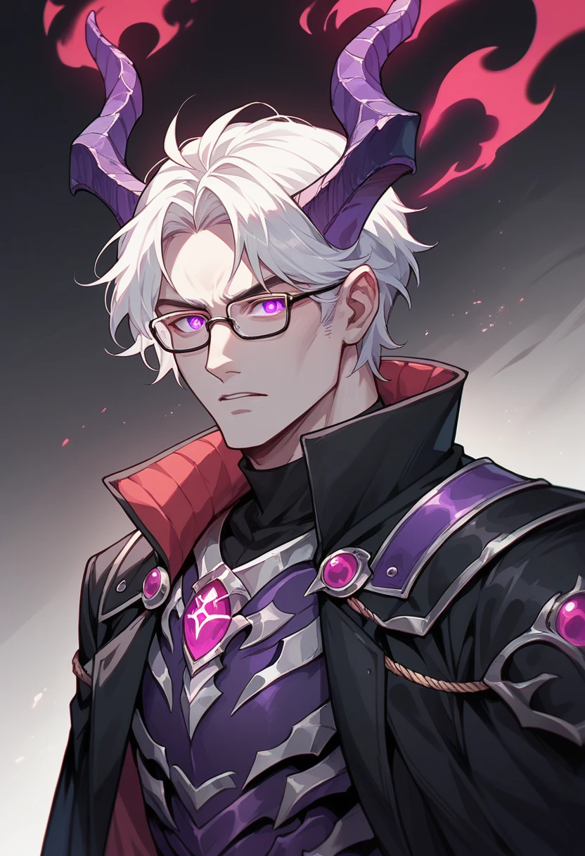 ,1 man ,solo,red aura,glowing purple eyes,white hair,horns,headgear,black coat,stylish clothes,glasses,pale skin,full armor,ornament,purple trims,legging