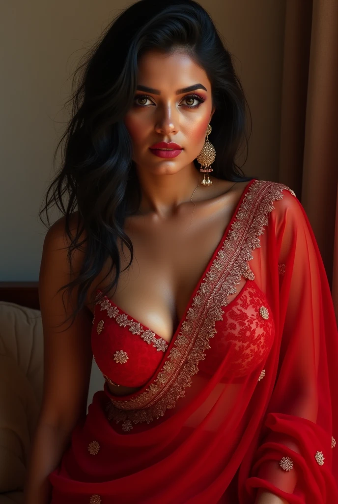 wolf cut hairstyle erotic hindu wife super big fake lips red lipstick super delicious body saree bra cleavage chubby body super lower saree