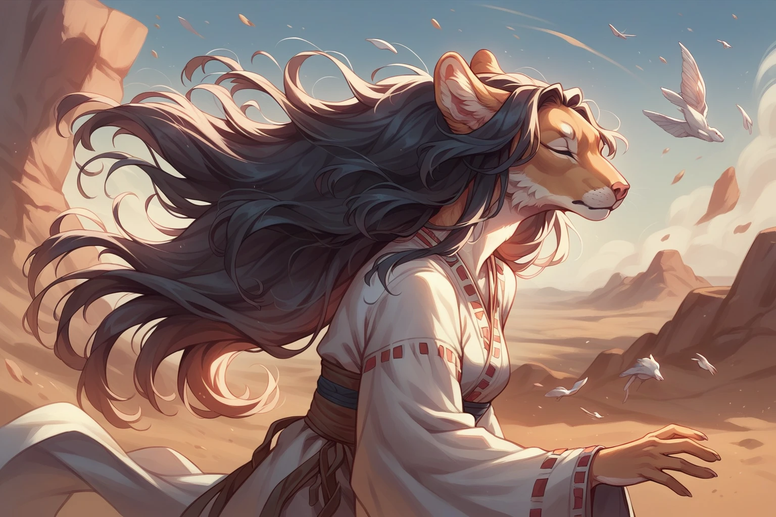 A furry , femenino, DETAILED, lobo, Women,  long hair , wearing a blouse with wide sleeves, posing, with eyes closed, hands on head, wind, Xamara half body approach,  desert background .