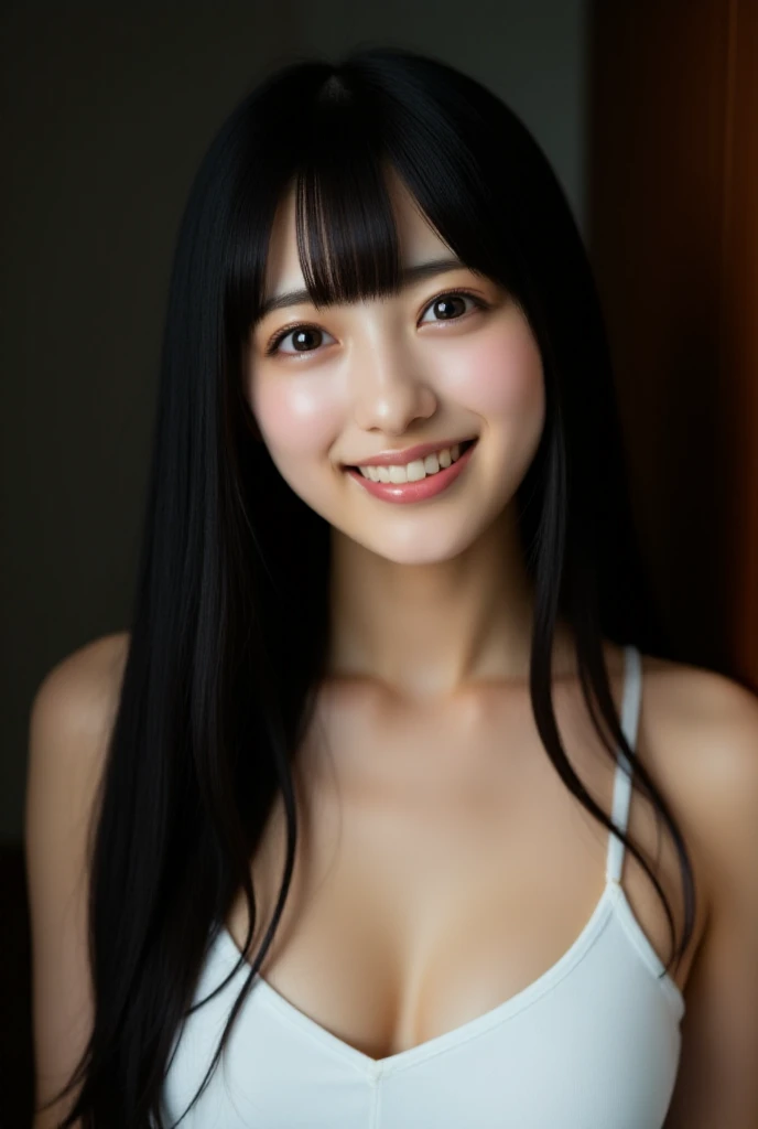 closeup of a Korean, 20 years old woman, parted lips, wearing a white camisole, is standing in front of a door, She has long hair, black hair, blunt bangs, loose hair, she is in totally dark room, shy smile