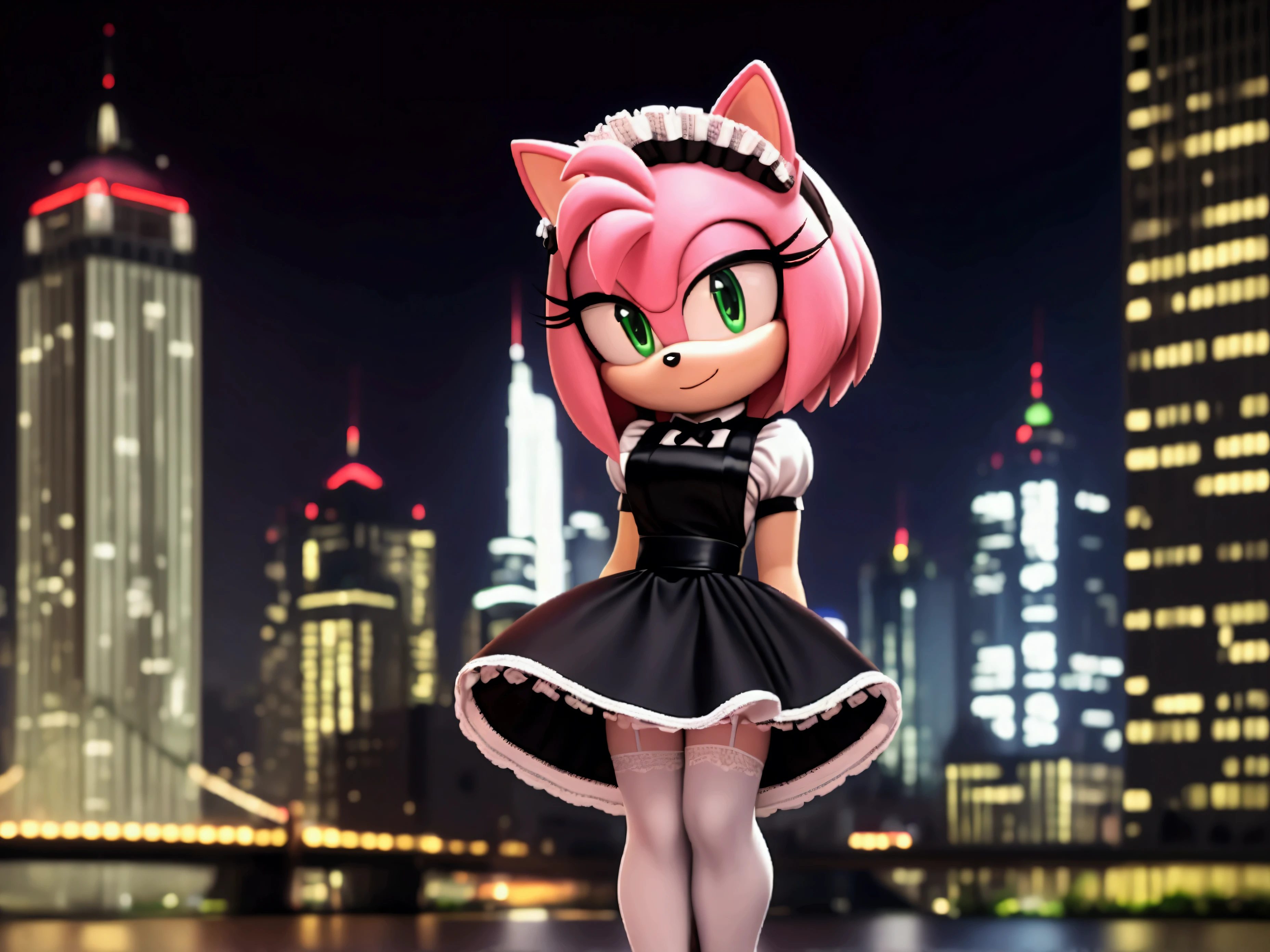 Amy rose,  green eyes,black maid with white ,full white stockings up to the waist,the skirt rises , black shoes , black headband with flowers , posing for the camera  ,city view at night 