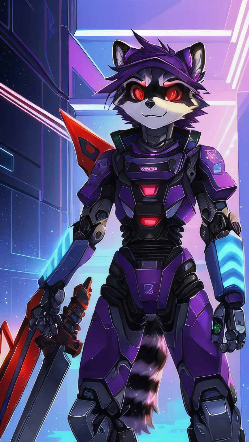 Raccoon in purple suit and purple hat., anthropomorphic, fursona de voidpunk weirdcore, fully robotic, bright red eyes, light blue lights on shoulders, arms and palms, arm sword. Light purple glowing suit, with intense eyes.