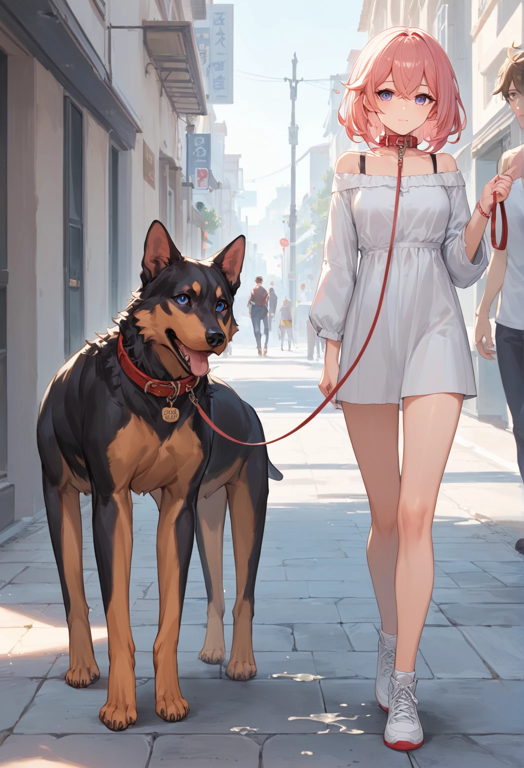 score_9, score_8_up, score_7_up,source_anime, high res image,masterpiece,best quality,girl,cute face,clear skin,simple_background,  anal, , cum inside,  slave collar, leash, body on the floor, walking like a dog, in the street, people watching, pink hair, purple eyes, genshin impact