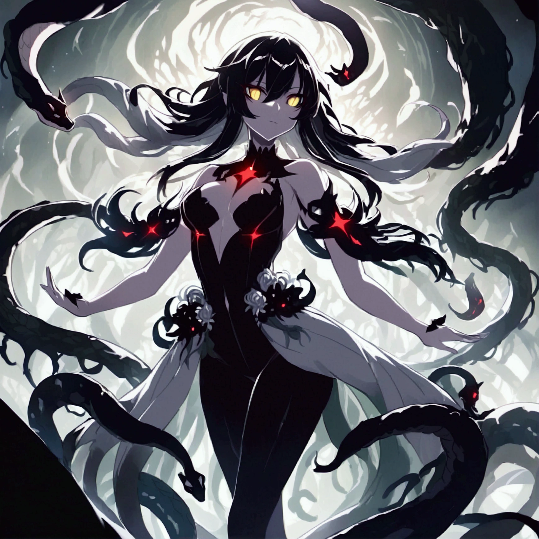 - Glowing, ominous eyes peeking from the darkness
- Sinister, shadowy tendrils reaching out
- Jagged, otherworldly silhouette
- Faint, eerie outlines hinting at its form
- Distorted, contorted limbs
- Wisps of dark energy emanating from its body