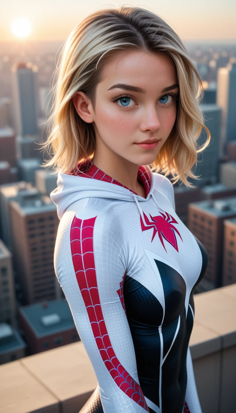 score_9, score_8_up, score_7_up, Photorealistic, (woman dynamic athletic pose), (SpiderGwen), g_s, 1girl, blonde, blue eyes, superhero suit, looking at viewer, cute face, beautiful girl, detailed, revealing, depth of field blur effect, (high detail outdoor on the roof of a building in New York), best quality, ultra high res, Raw photo, Nikon D850, backlight, rimlight, bright sunlight, (depth of field), (dynamic angle), (fine textures details), (realistic:1.4), (realistic skin:1.4), (sharp), (artistic photo), (analog film grain)