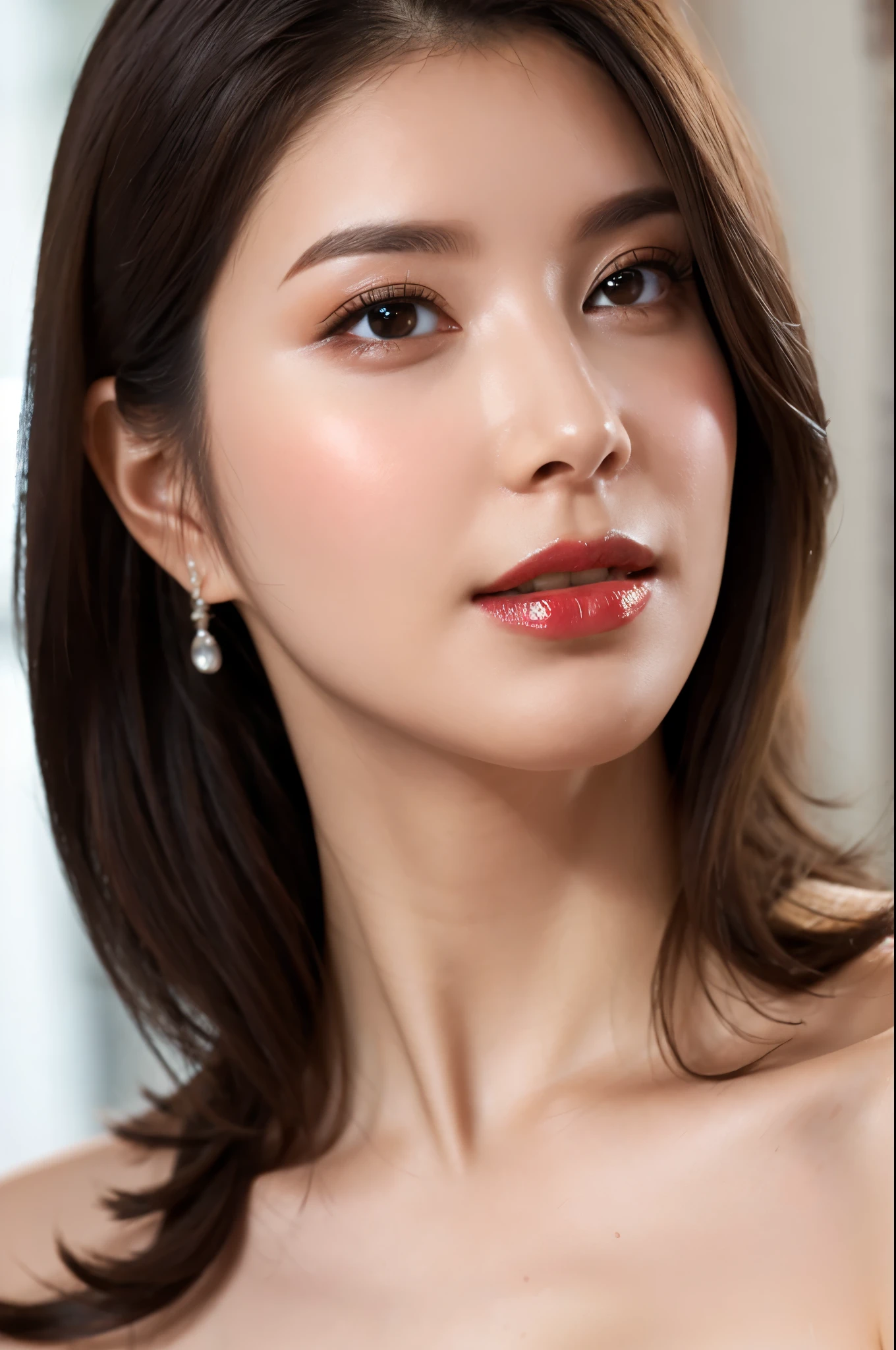(Highest quality, Tabletop, 8k, Best image quality, Award-winning works), great beauty, (nude:1.5), (The simplest pure black background:1.5), (Face close-up:1.6), Accentuate your body lines, Beautiful and exquisite, seductive Expression, (look straight at me), (stand upright facing forward:1.1), (Perfect Makeup:1.1), (Bright lipstick:1.1), Ultra-high definition beauty face, Ultra HD Hair, Ultra HD Shining Eyes, Ultra-high quality, vibrant and glossy lip color, Accurate anatomy, Very beautiful skin, Ultra high resolution and beautiful, Glowing Skin, An elegant upright posture when viewed from the front, Sweaty skin, Hot face, Damp Hair, Moist Skin