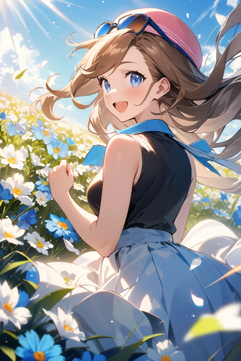 score_9_up,score_8_up,score_7_up,masterpiece,best quality,highres,absurdres,ultra-detailed,illustration,1girl,medium breasts,looking back,from behind,blue sky,sunlight,light rays,flower field,blue flowers,white flowers,petals,falling petals,wind,happy,smile,open mouth,serena \(pokemon\),long hair,brown hair,eyewear on headwear,pink hat,blue eyes,black shirt,collared shirt,sleeveless, ``