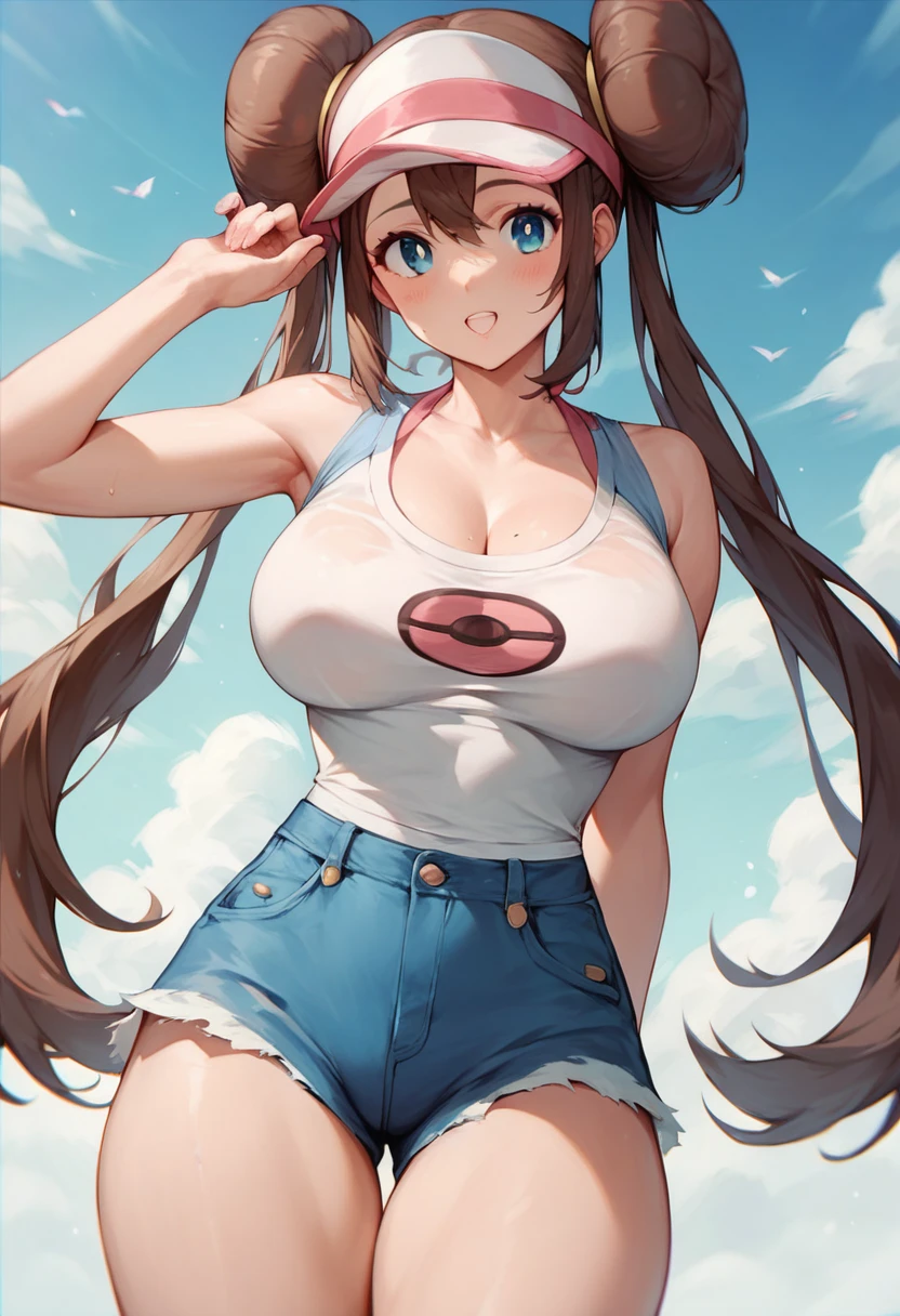 masterpiece, Highest quality, rosa pokemon, brown hair, Blue eyes, long hair, hair bun, double bun, twintails, bangs, sidelocks, Very large breasts, Thick legs, Fascinating face,