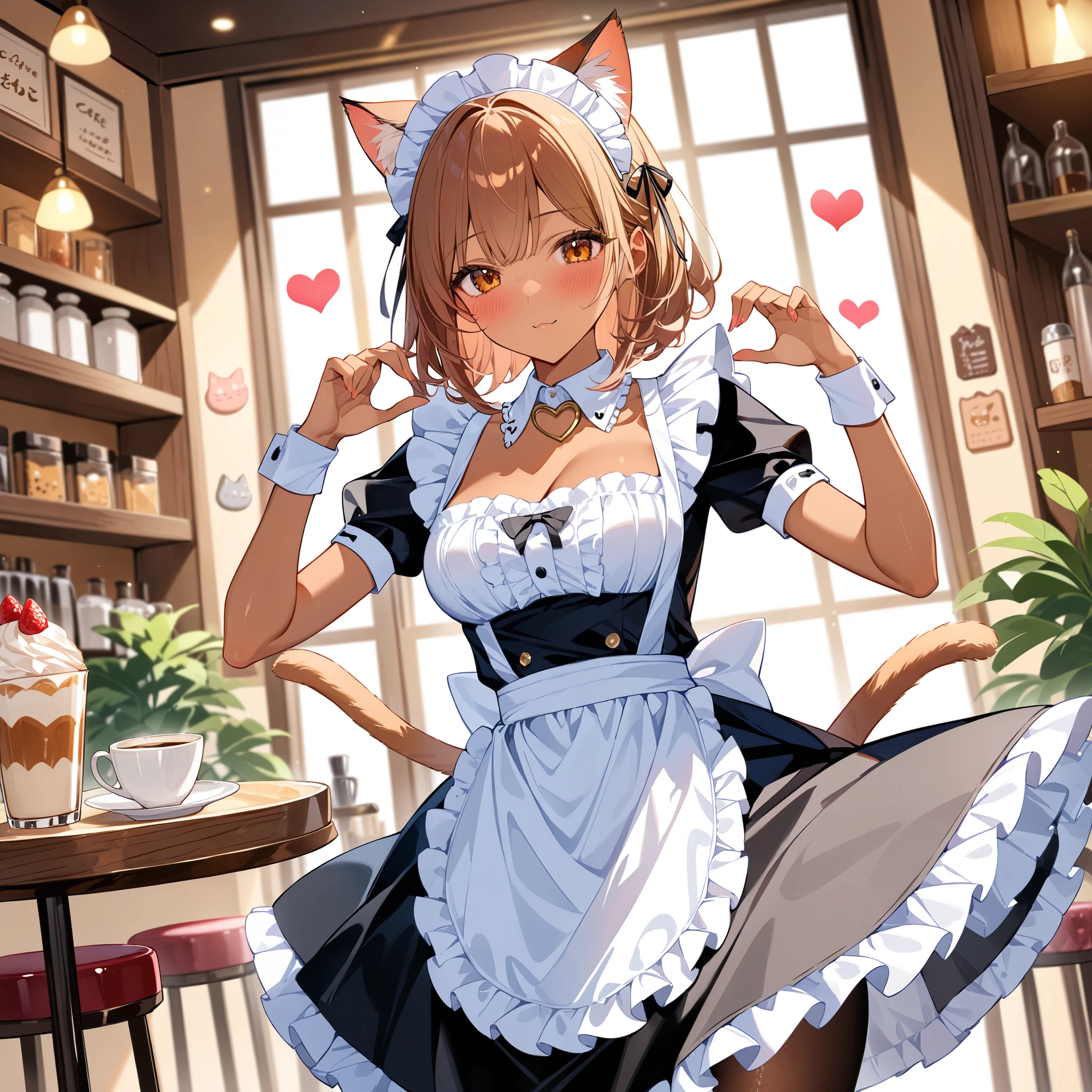 Digital artwork of a cute older sister wearing tanned skin and a maid costume with cat ears, cat ears, headdress, maid costume, apron, frill, collar, pantyhose, heart sign, cafe, blush, (masterpiece:1.2)、(Best Quality:1.2)、( very aesthetic :1.2)、( absurd:1.2)、( detailed background)、up to date、Safety、complicated、 very detailed skin、