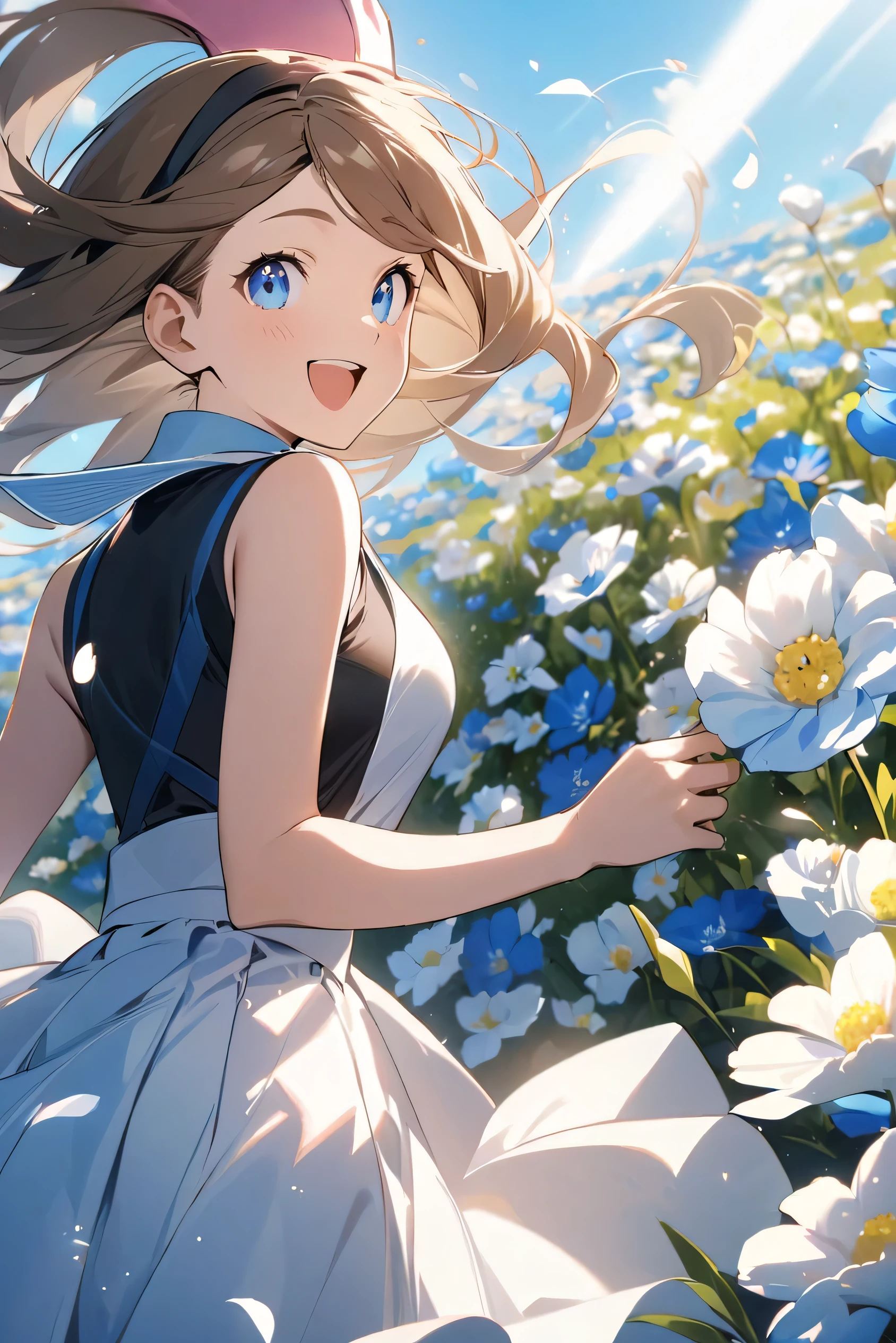 score_9_up,score_8_up,score_7_up,masterpiece,best quality,highres,absurdres,ultra-detailed,illustration,1girl,medium breasts,looking back,from behind,blue sky,sunlight,light rays,flower field,blue flowers,white flowers,petals,falling petals,wind,happy,smile,open mouth,serena \(pokemon\),long hair,brown hair,eyewear on headwear,pink hat,blue eyes,black shirt,collared shirt,sleeveless, ``