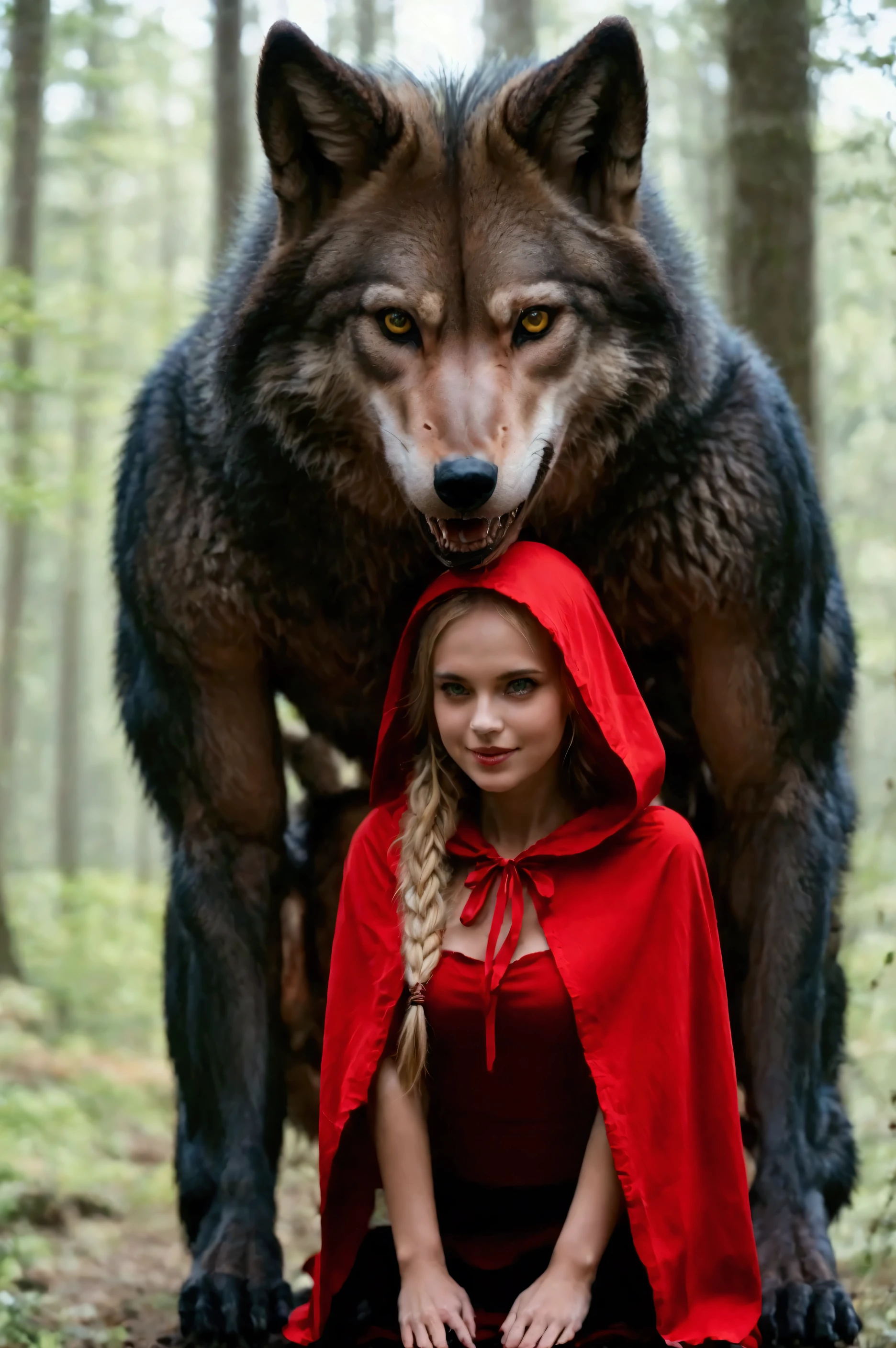 beautiful_ch_sh, score_9, score_8_up, score_7_up, photography photo of beautiful Little Red Riding Hood, mature teenage girl, in a short summer dress, very tight dress on a slender figure, blonde with a very beautiful face, posing like a model, leaning on a stern ferocious werewolf wolf, courageous muscular werewolf wolf covered with fur, stands at full height as a man covering his groin with his paw, girl smiles, points to the groin of the wolf's horn, full-length photo, photorealistic, realistic, girl with long slender legs, black thigh-high stockings on her legs, cinematic, detailed, frame from a movie, frame from a movie, realistic, photorealistic, 4k, 8k, highly detailed image, natural light, best light, best shadow, cinematic effect, perfect composition, HDR, DSLR, 135mm, very cute