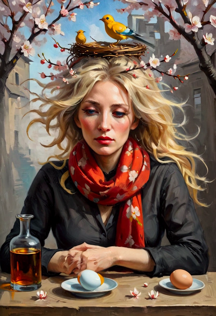 thick oil painting, Create an oil painting with a simplified background color and geometric shapes，Reference to Pablo Picasso《Crying Woman》Artistic style.
 A portrait of a blonde woman，A bird's nest on her head，There are eggs inside, Wind blowing hair, A glass of whiskey on the table, Cherry blossoms, A red scarf around her neck, Whimsical Art;, Highly conceptual figurative art,  Surrealism and Fantasy Art 