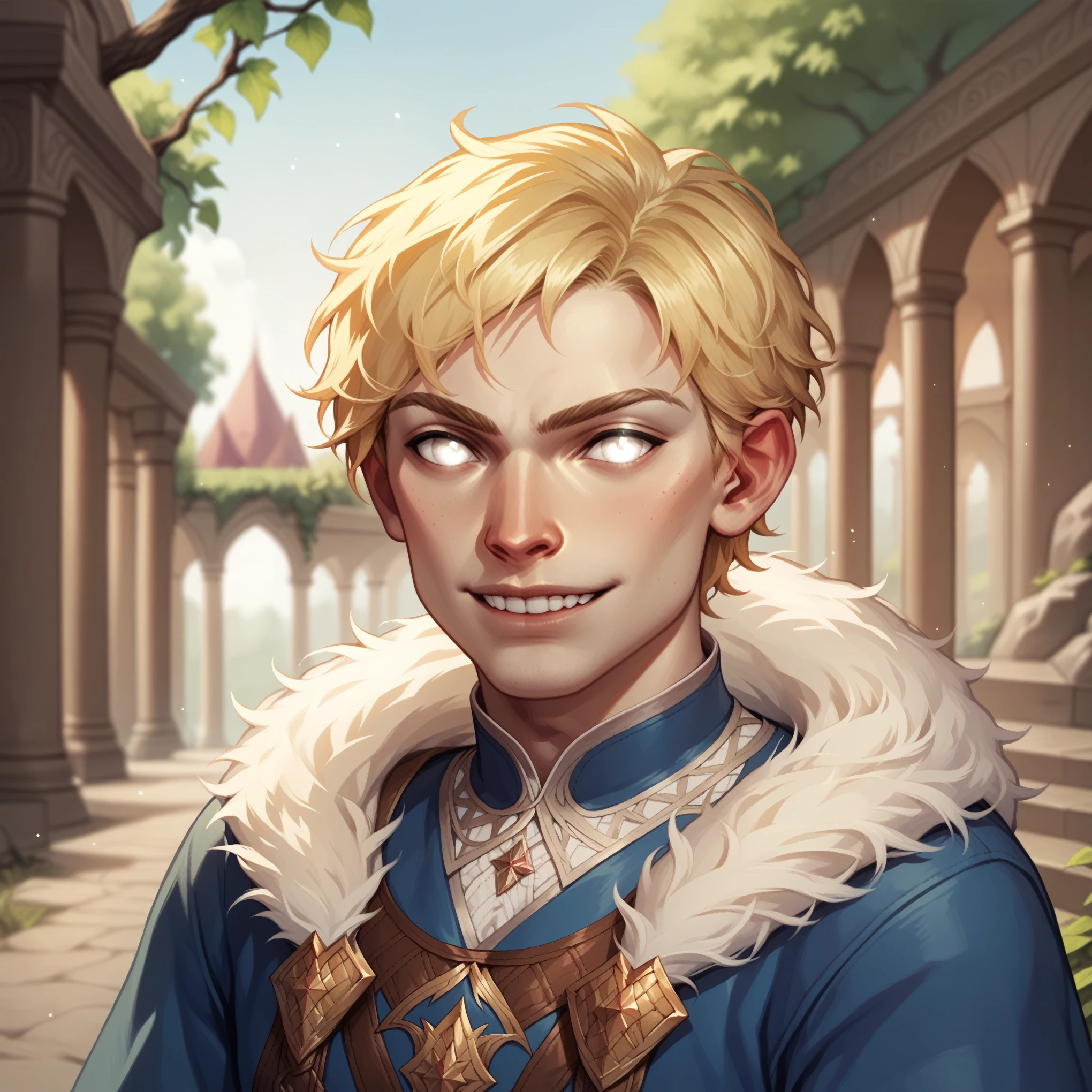 (((beautiful, high quality, comics style, detailed face))), score_9, score_8_up, score_7_up, BREAK, aasimar_protector, 1man, young, twink, curly hair:1.1, blonde hair, ((pale skin, shine)), glowing eyes, white eyes, fur mantel, brown fur cape, tunic ((light blue, fancy fabric)), solo, portrait, upper body, portrait, angelical look, bearing teeth, facing viewer, fantasy outside, MEDIEVAL ROAD, blurred background, Expressiveh, detailxl