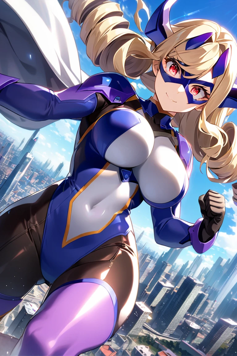 score_9, score_8_up, score_7_up, source_anime, rating_safe, BREAK mount lady, 1girl, long hair, drill hair, blonde hair, red eyes, purple horns, large breasts, superhero, giantess, mask, domino mask, bodysuit, skin tight, impossible clothes, covered navel, thighhighs, floating, floating hair, punching, light smile, dutch angle, aura, wind, incoming attack, eye focus, glowing eyes, city, cityscape, sunlight, lens flare, blue sky, cloud