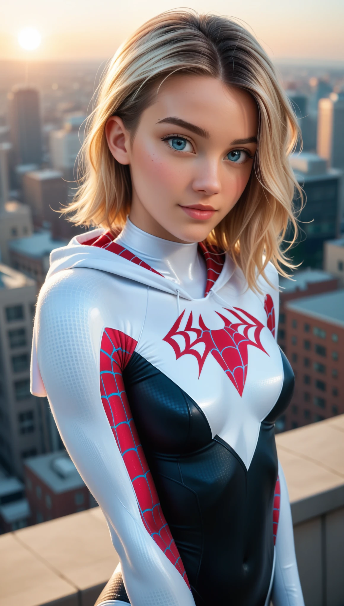 score_9, score_8_up, score_7_up, Photorealistic, (woman dynamic athletic pose), (SpiderGwen), g_s, 1girl, blonde, blue eyes, superhero suit, looking at viewer, cute face, beautiful girl, revealing, depth of field blur effect, (high detail outdoor on the roof of a building in New York), best quality, ultra high res, Raw photo, Nikon D850, backlight, rimlight, bright sunlight, (depth of field), (dynamic angle), (fine textures details), (realistic:1.4), (realistic skin:1.4), (sharp), (artistic photo), (analog film grain)