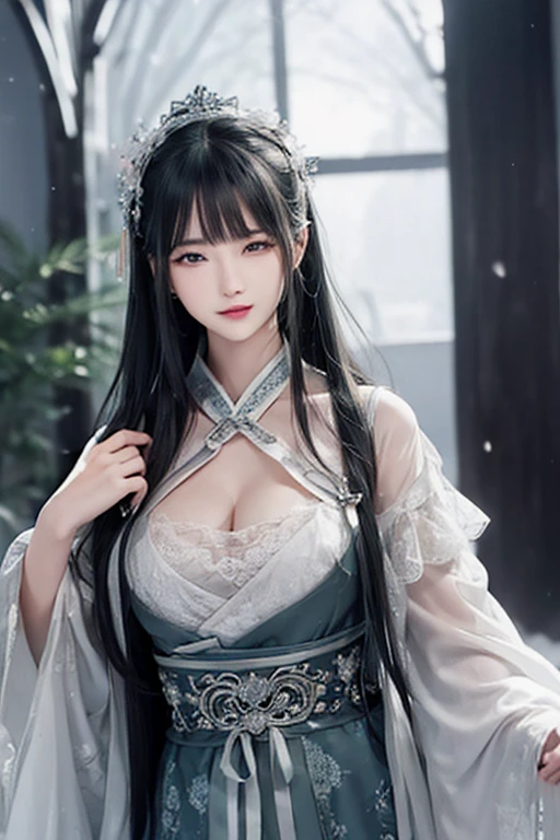 Rose,Rose瓣,Elegant temperament,Women,Lone ear,long flowing hair,Big breasts,露肩白色Rose婚紗裙,Ladder,Fantasy effect,masterpiece, Very detailed, Ultra HD, high detail,