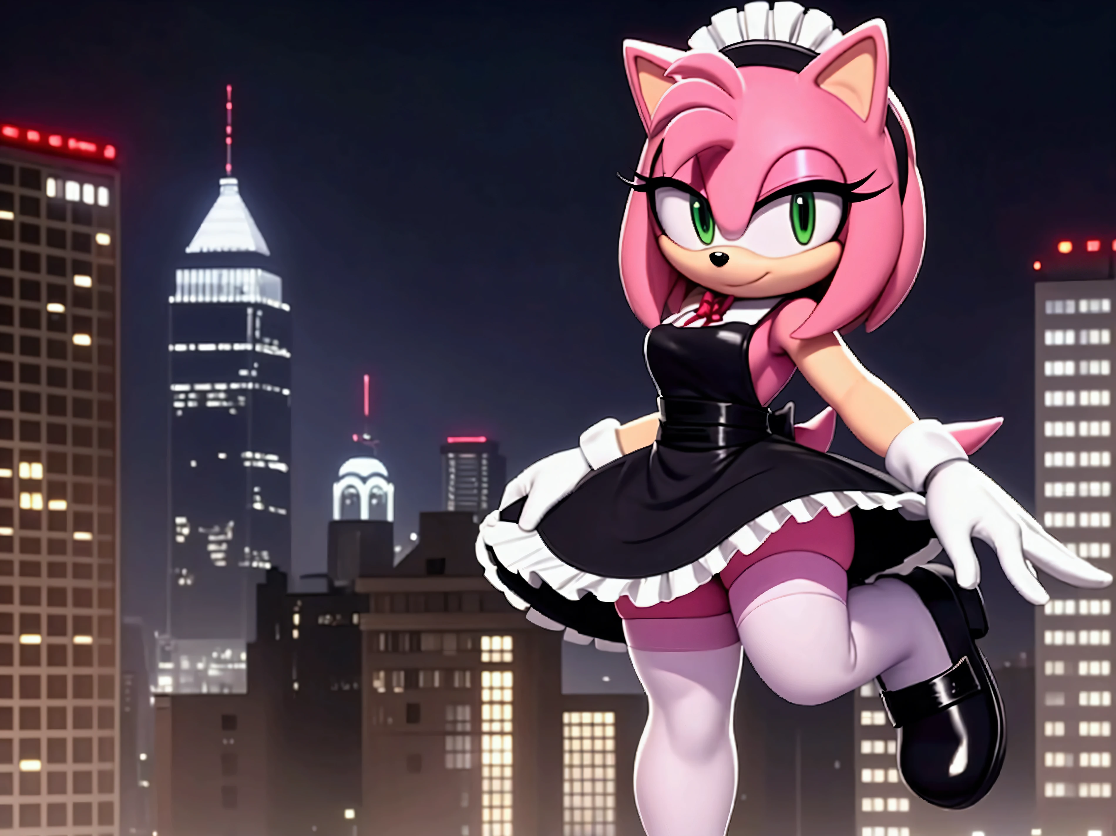 Amy rose, green eyes,black maid with white , full white stockings up to the waist,the skirt rises , black shoes , black headband with flowers , posing for the camera ,city view at night