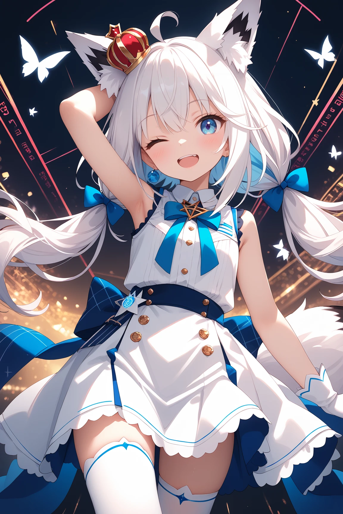 score_9, score_8_up, score_7_up, source_anime, 1girl, solo, virtual youtuber, shirakami fubuki, white fox ears, one eye closed, gloves, fox girl, white hair, long hair,white gloves, animal ear fluff, open mouth, looking at viewer, thighhighs, smile, ahoge, armpits, hair between eyes, blush, official alternate costume, bangs, skirt, sleeveless, ho****ve idol uniform, mini crown,braid, arm up, shirt, white shirt, blue eyes, earrings, bow, sleeveless shirt, white skirt, ;d, white thighhighs, jewelry, twintails, red eyes, single braid, sidelocks, pentagram, colorful,