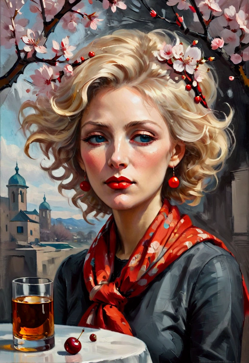 thick oil painting, Create an oil painting with a simplified background color and geometric shapes，Reference to Pablo Picasso《Crying Woman》Artistic style.
 A portrait of a blonde woman，She has Bauhaus-shaped tinsel on her head, Abstract:1.1，, Wind blowing hair, A glass of whiskey on the table, Cherry blossoms, A red scarf around her neck, Whimsical Art;, Highly conceptual figurative art,  Surrealism and Fantasy Art 