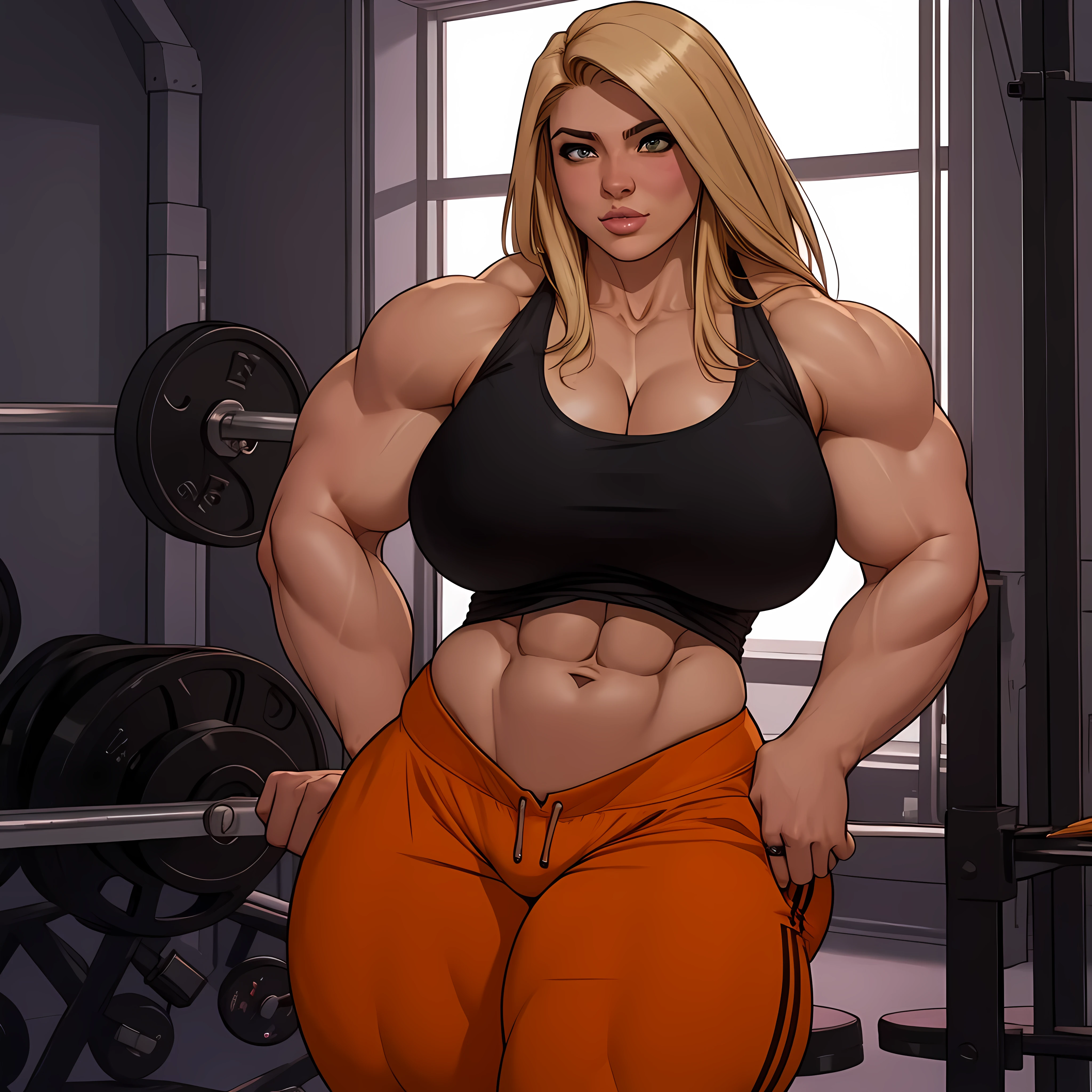 Best_QualityPos, RAW photo, intricate details, best quality, 8k uhd, cinematic lighting, 1girl, solo, Dunja Bitar, long hair, pale white skin, blond hair, brown eyes, black tank top, (wide hips), ((MASSIVE FEMALE BODYBUILDER)) with ((HUGE BREASTS:1.3)), 