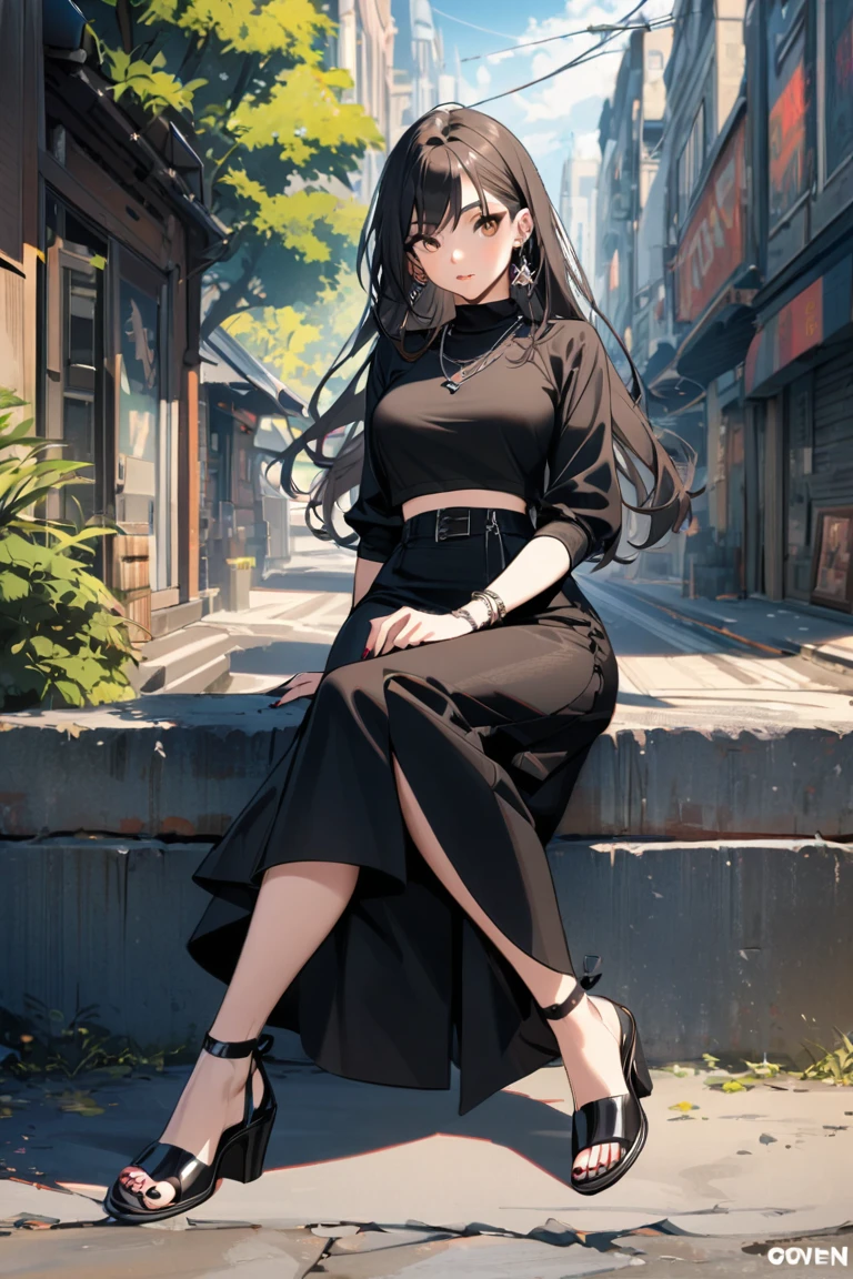 1girl,solo,high heels,jewelry,skirt,outdoors,black hair,long hair,looking at viewer,tree,black skirt,shirt,necklace,crop top,black footwear,breasts,black shirt,earrings,day,full body,long sleeves,midriff,nail polish,brown eyes,sitting,lips,toenail polish,high-waist skirt,toenails,long skirt,toes,building,side slit,artist name,legs,