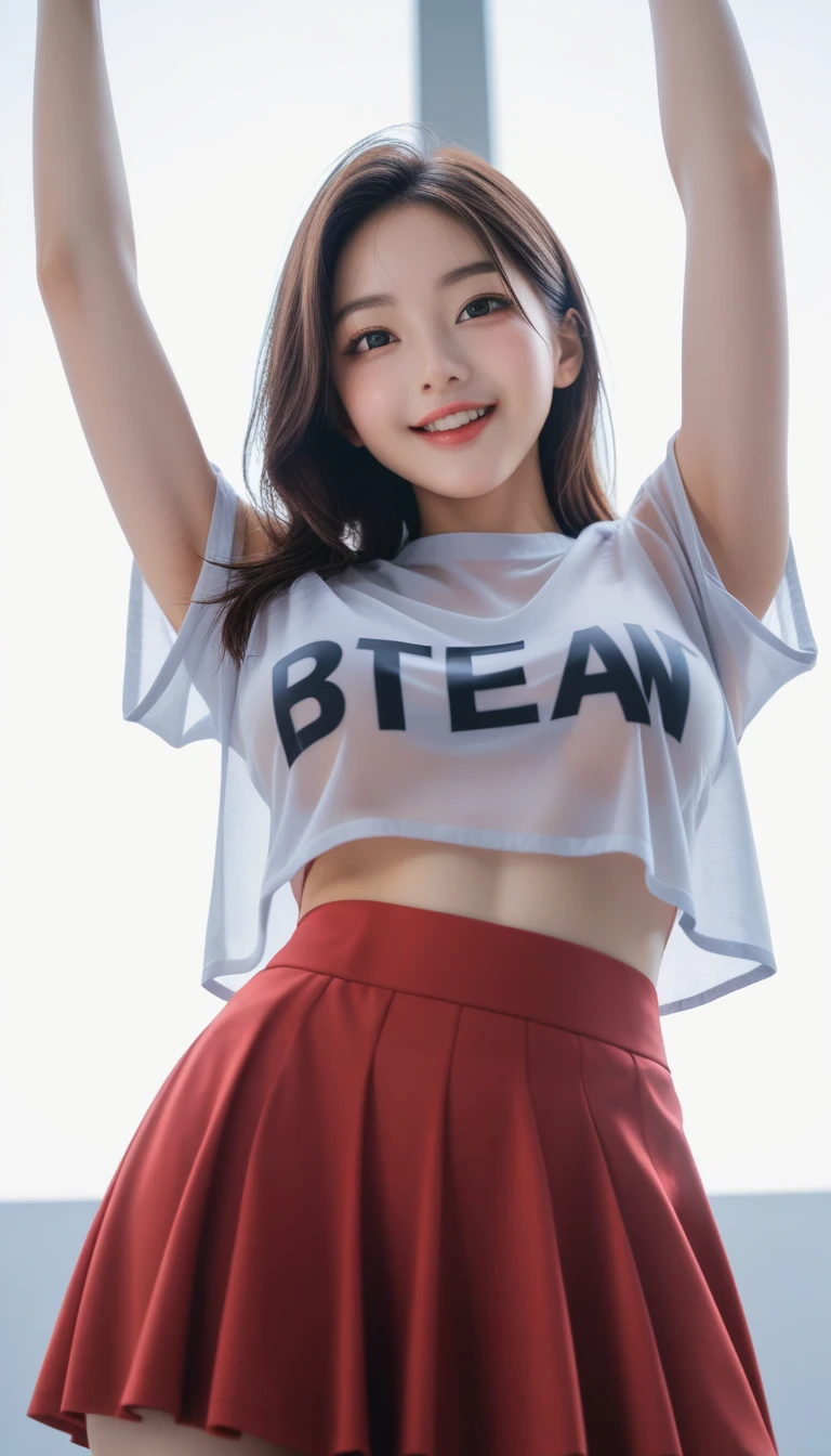 sagging gigantic breasts、It is well wet、smile on face、独奏、((K-pop Idol))(Heart)((You're on stage(Live action))Taken from directly below、nametag、Pink ribbon、Pubic hair is transparent、Show me your teeth、Thigh
