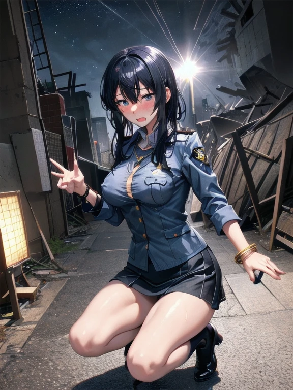   mature woman, big chest, Police Officer,  cosplay, transparent nipples,Big Breasts,    open your chest wide    , ,(    miniskirt length  :1.3),   knee-high socks for viewers, ( ragged uniform  ),No pants,(  sweated , shiny skin:1.1), (Ruins:1.2),    outdoor   ,sunlight, Spotlight effect,Dark Skies,Strong winds,(  High image quality,    high quality:1.1),    intricate details  ,      Cinematic lighting  ,    1 girl,(,  Because she's embarrassed ),(   necklace   ,    bracelet),(Remoteプレイ:1.2), (Remote_vibration:1.2), (( hand:1.3))、  Dynamic Poses in Overseas Seas 