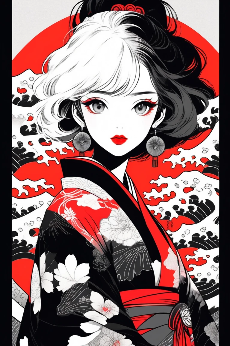 (best quality, sketch:1.2),realistic,illustrator,anime,1 girl, detailed lips, kimono,custom, black and red gradient background,neon hair,textured cropping, masterpiece, style retro classic, noir style , Japanese style, ((monochrome))