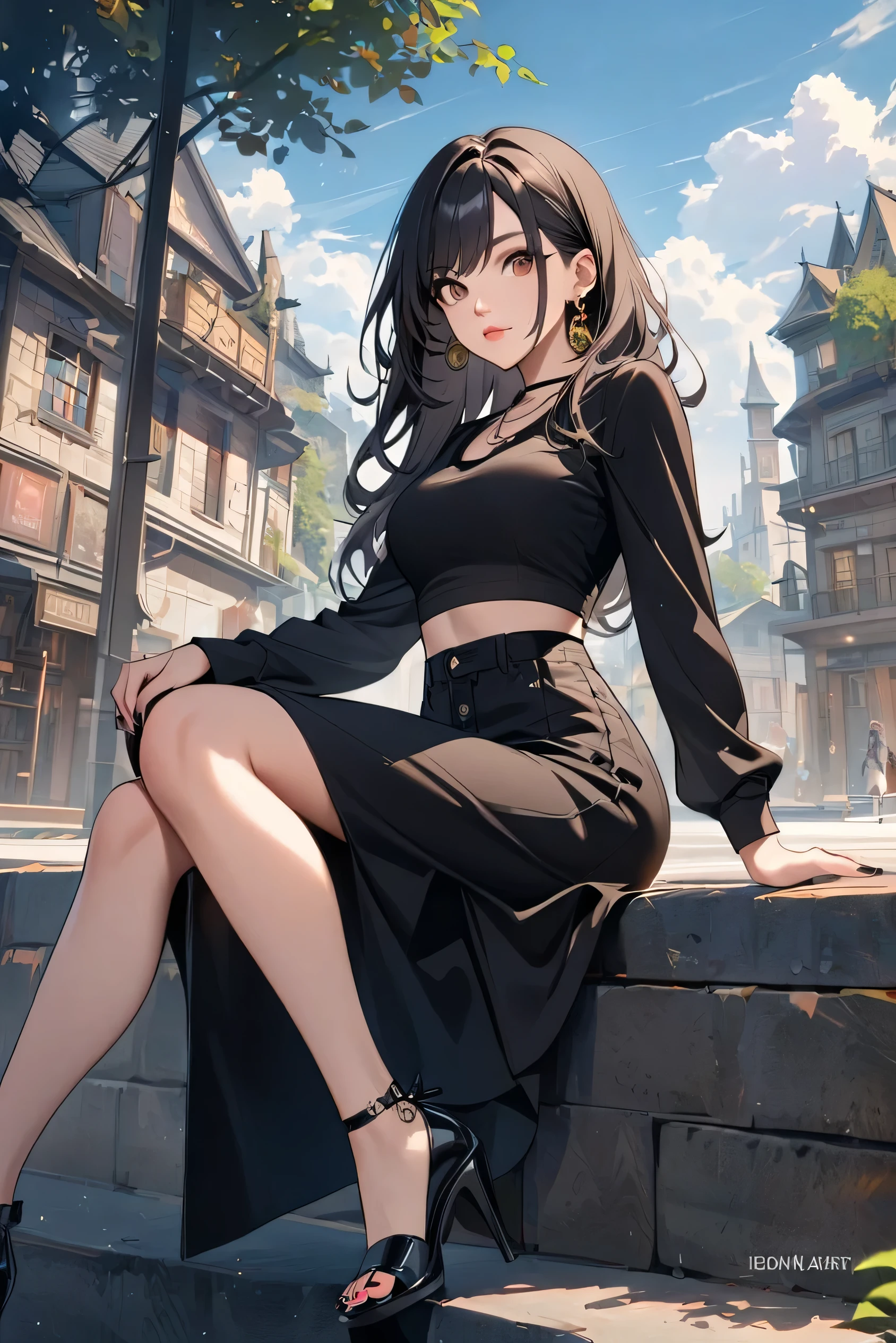 1girl,solo,high heels,jewelry,skirt,outdoors,black hair,long hair,looking at viewer,tree,black skirt,shirt,necklace,crop top,black footwear,breasts,black shirt,earrings,day,full body,long sleeves,midriff,nail polish,brown eyes,sitting,lips,toenail polish,high-waist skirt,toenails,long skirt,toes,building,side slit,artist name,legs,