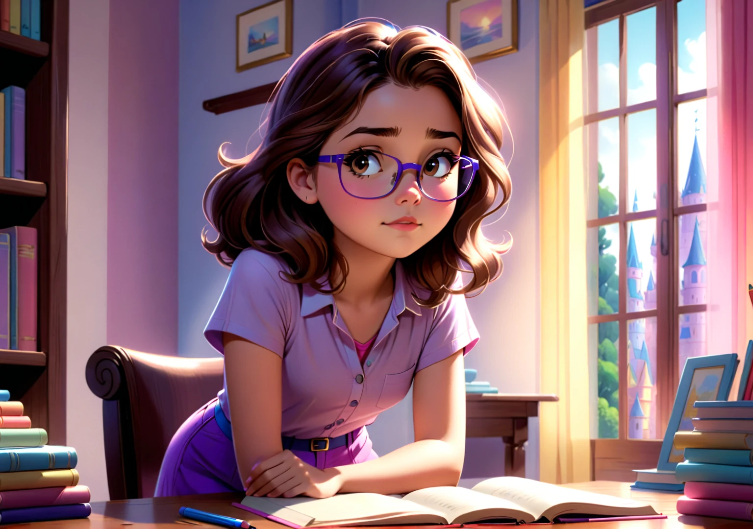 Clara, small girl with brown wavy hair, using glasses, she is standing up and is listening to something, concerned expression, wearing a purple shirt, pink shorts and blue boots. Detailed face, intricate details, colorful crayons, cozy indoor setting, beautiful lighting, soft pastel colors, warm tones, cinematic composition, award winning illustration, highly detailed, photorealistic, 8k, masterpiece, professional, award winning, cinematic lighting, soft focus, beautiful composition, consistent character. The illustration should be simple and clean. The style of the illustration resembles a classic ren's book, combining a Disney cartoon and watercolor illustration but with thick lines outlining the image.