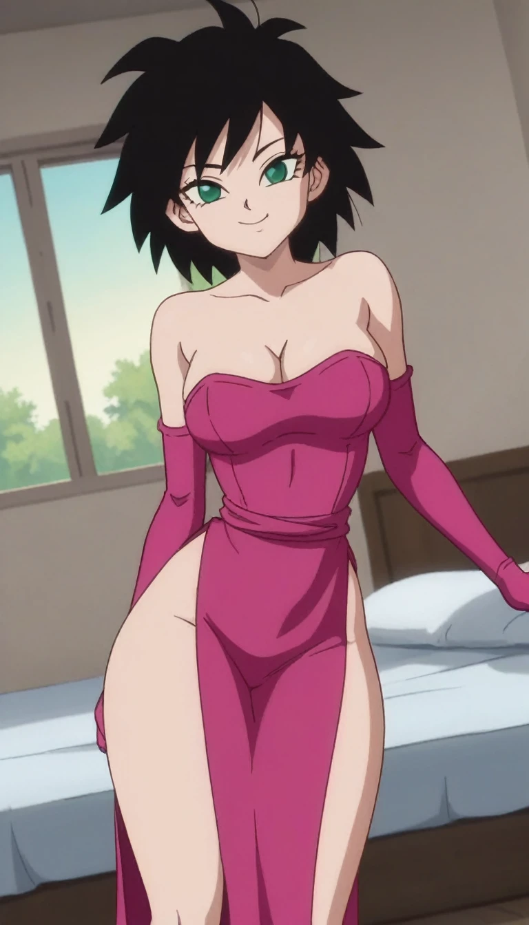 source_anime, score_9, score_8_up, score_7_up, anime screencap, absurd res, official style, gine, 1girl, solo, black hair, green eyes, closed mouth, a seductive smile, mouth closed, smile, apartment room, bed, window, medium breast, bare shoulders, cleavage, smile, arm at side, big hips, leaning to the side, dutch angle, looking at viewer, a red strapless red maxi dress, side leg slit, purple elbow gloves, flirtatious look, flirtatious pose, staring at viewer, score 9, score 8, score 7