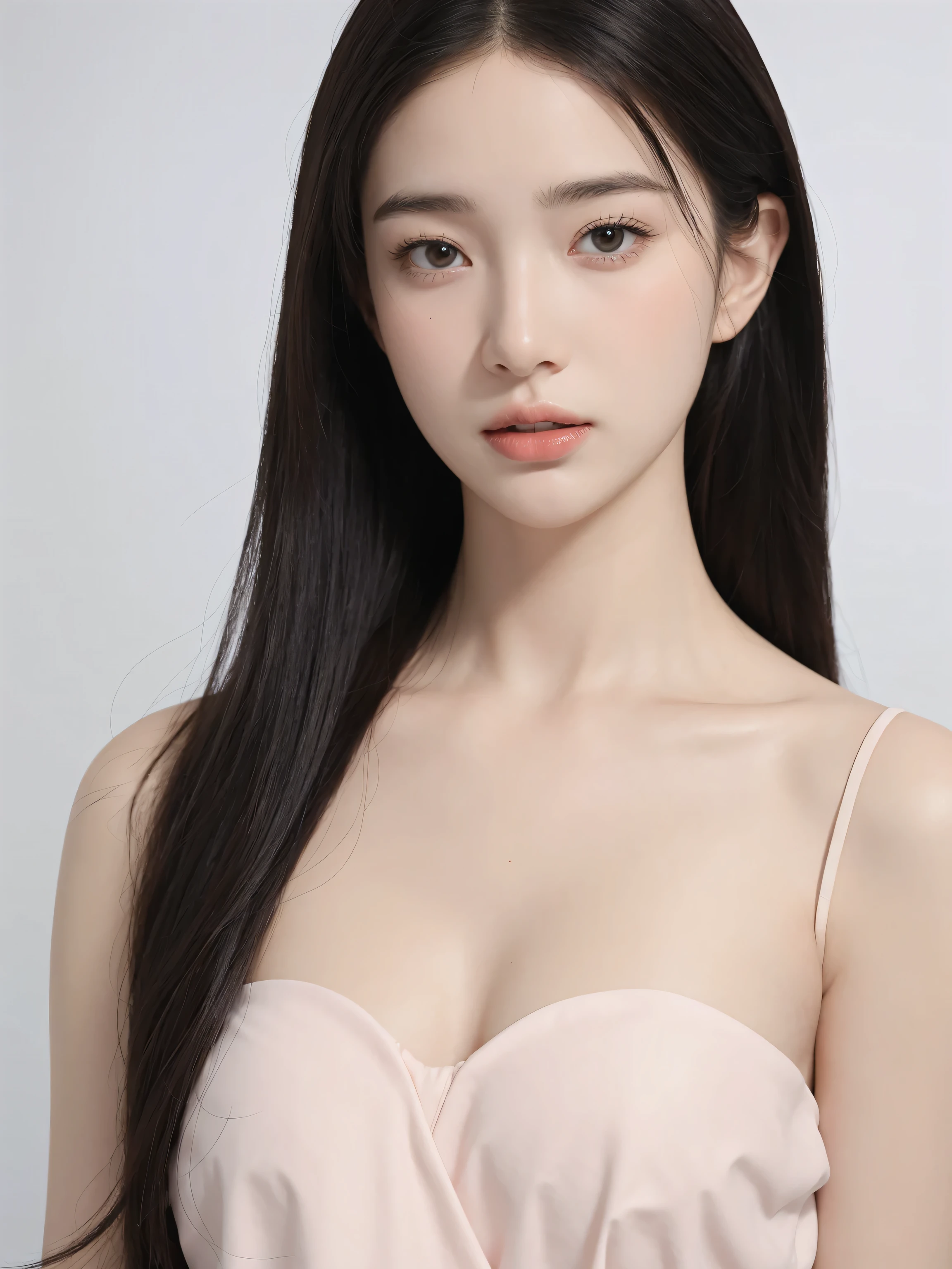 best quality, masterpiece, (photorealistic:1.5), Photo of a beautiful 22 years old woman, face, grey eyes, clean pale skin, pink cheeks, straight nose, pink lib, black hair, long hair, curly hair, white background, front view, upper body
