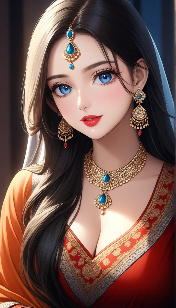 A beautiful young woman, big jhumka earrings, breasts, diamond necklace, long necklaces, makeup, big earrings, red lipstick, kurti, pajama, dupatta, long hair, blue eyes, cleavage, (best quality,4k,8k,highres,masterpiece:1.2),ultra-detailed,(realistic,photorealistic,photo-realistic:1.37),highly detailed portrait, intricate details, exquisite skin texture, dramatic lighting, cinematic composition, vivid colors, warm color palette, bracelet, nail polish,long nails, bangles,thin waist,long legs