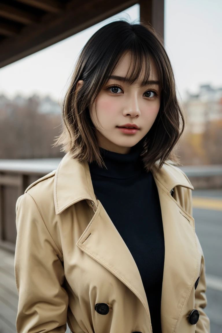 (Bob Cut Hair:1.2),(Mustard yellow turtleneck perfect for fall 、 classic look with beige trench coat:1.2), 1 girl,Japanese,21 years old,( small breasts:1.3),( best quality,masterpiece:1.3, super A high resolution ,),(Ultra-detailed,caustics),(Realistic:1.4,RAW shooting,) Ultra Realistic Capture, very detailed, High resolution 16k skin close-up 。  natural skin texture、,pores、、  detailed enough for easy identification。 Skin tone should be uniform and healthy 
