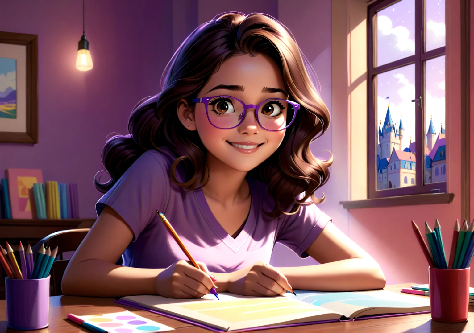 Clara, a girl with brown wavy hair, using glasses, drawing with crayons, happy expression, wearing purple shirt. Detailed face, intricate details, colorful crayons, cozy indoor setting, beautiful lighting, soft pastel colors, warm tones, cinematic composition, award winning illustration, highly detailed, photorealistic, 8k, masterpiece, professional, award winning, cinematic lighting, soft focus, beautiful composition, consistent character. The illustration should be simple and clean. The style of the illustration resembles a classic ren's book, combining a Disney cartoon and watercolor illustration but with thick lines outlining the image.