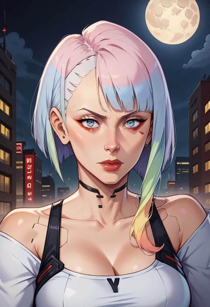 score_9, score_8_up, score_7_up, 1girl, adult, a woman with hair and a black shirt is standing in front of a neon city background with full moon, lois van baarle and rossdraws, portrait of lucy from Cyberpunk Edgerunners, artgerm and lois van baarle, rossdraws 2. 0, rossdraws 1. 0, rossdraws 2. 5, artgerm and rossdraws, artgerm comic, 8K image quality, Masterpiece black background with full moon, 8K image quality, Masterpiece