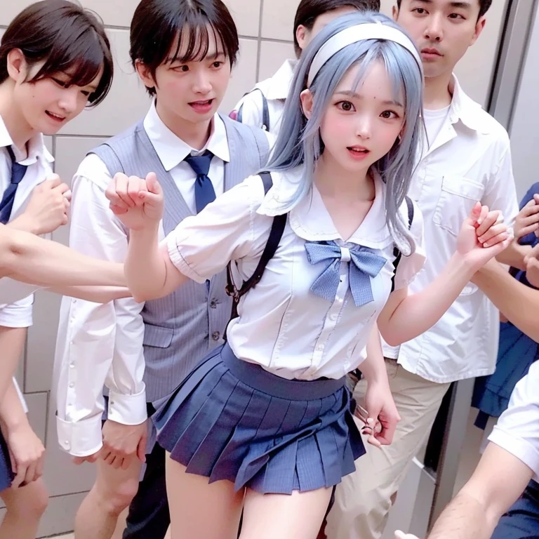 (A young Japanese schoolgirl on a crowded train surrounded by a group of men groping her, masterpiece, best quality, extremely detailed, 1 girl, multiple hands grabbing her body, men grabbing her chest and buttocks, clothes pulled, sweaty, embarrassed expression, beautiful detailed eyes and face, high saturation, light blue hair, headband, floating hair, shining, optimal lighting, best shadows, small breasts, nipples barely visible, full body composition)