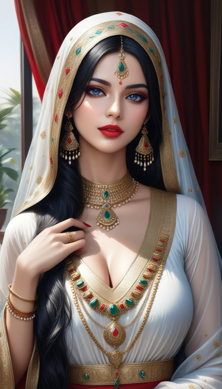 A beautiful young woman, big jhumka earrings, breasts, diamond necklace, long necklaces, makeup, big earrings, red lipstick, kurti, pajama, dupatta, long hair, blue eyes, cleavage, (best quality,4k,8k,highres,masterpiece:1.2),ultra-detailed,(realistic,photorealistic,photo-realistic:1.37),highly detailed portrait, intricate details, exquisite skin texture, dramatic lighting, cinematic composition, vivid colors, warm color palette, bracelet, nail polish,long nails, bangles,thin waist,long legs,big Cleavage 