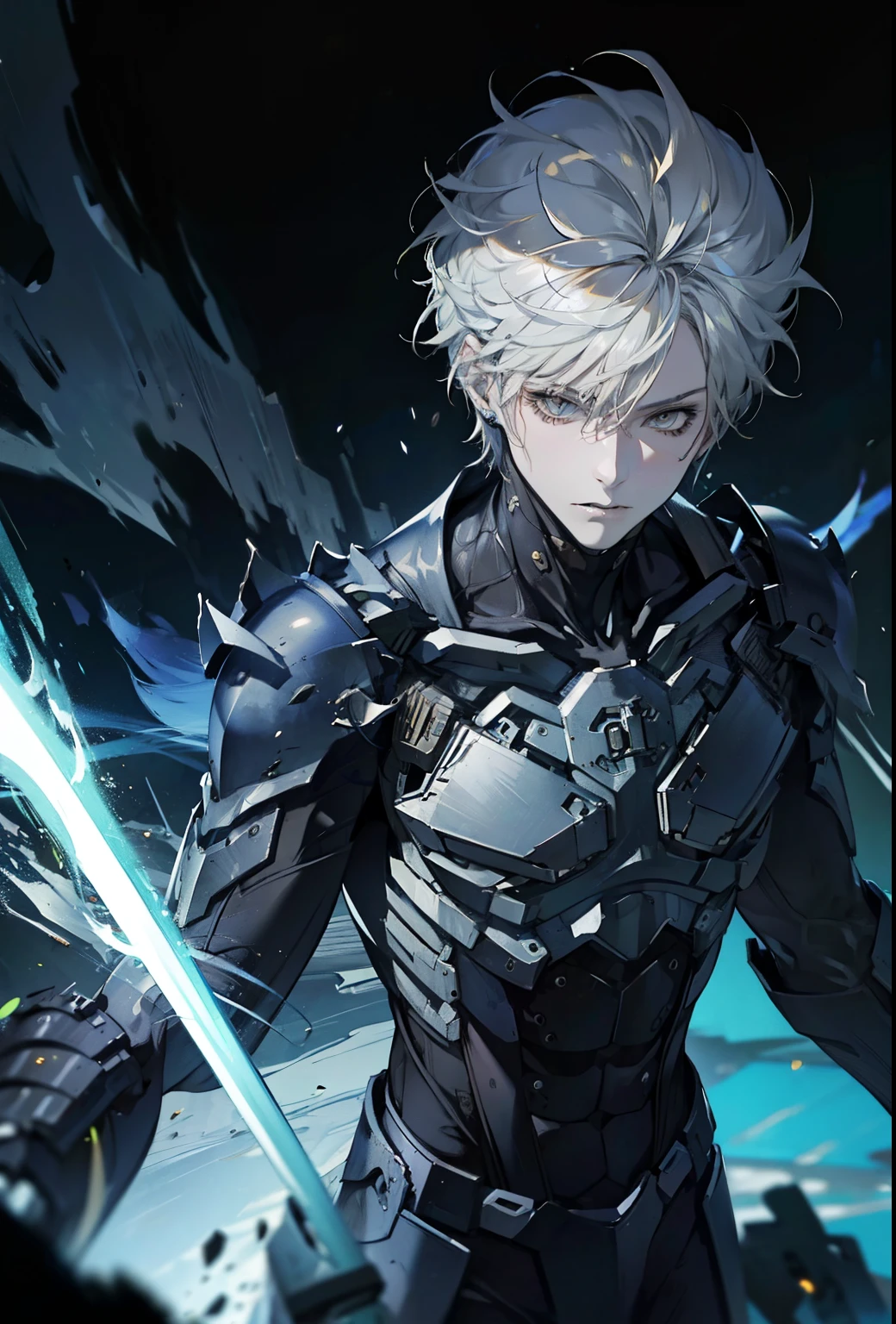 absurdres, highres, ultra detailed, HDR, masterpiece, extremely detailed face and eyes, extremely detailed features, Raiden, Metal gear rising,  white spiky hair, yellow eyes, metal gear rising, final fantasy, solo, sexy man, handsome, cybernetic black armor with sword, combat pose, badass, oppressive dark atmosphere, darkness, magical scene.