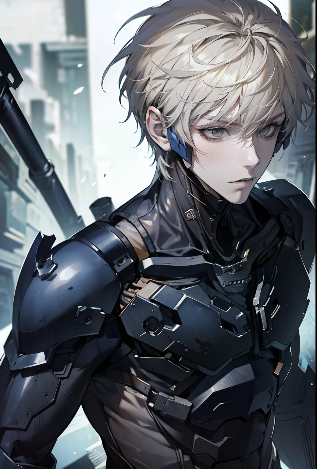 absurdres, highres, ultra detailed, HDR, masterpiece, extremely detailed face and eyes, extremely detailed features, Raiden, Metal gear rising,  white spiky hair, yellow eyes, metal gear rising, final fantasy, solo, sexy man, handsome, cybernetic black armor with sword, combat pose, badass, oppressive dark atmosphere, darkness, magical scene.